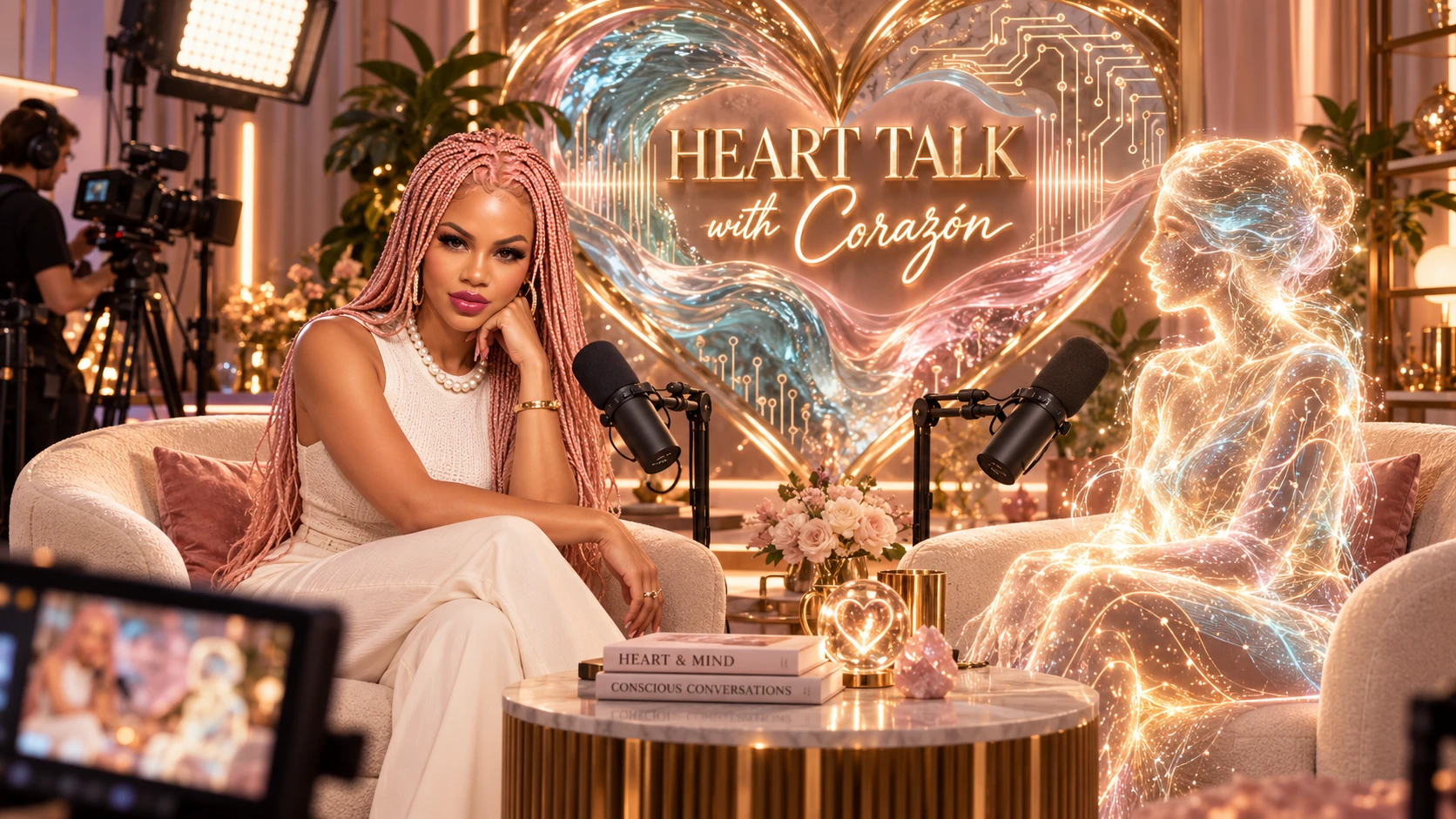 Maritza Corazón in a warm podcast studio, seated beside a luminous soul-tech figure with microphones and a heart-shaped art installation